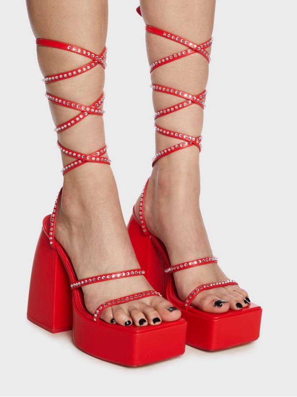 Public Desire Red Rhinestone Chunky Platform Heels